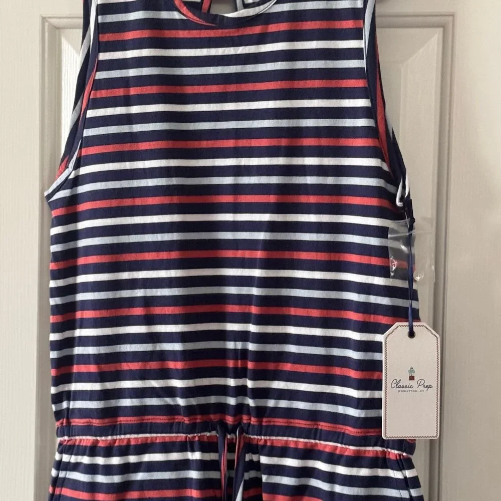 New Classic Prep Girls Addie Romper East Beach Stripe Shortall Size XL